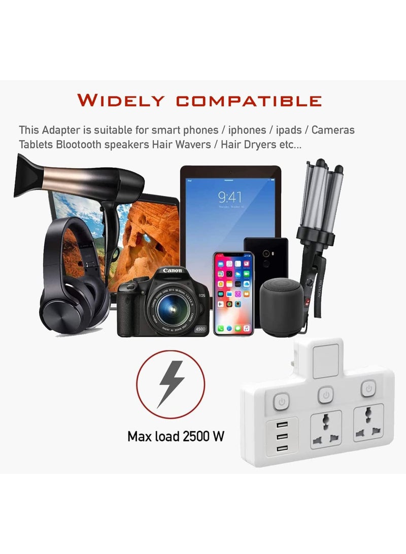 TYCOM Power Adapter Multi Plug Extension Extender Wall Socket 2 Way 3 USB Multiple Electrical Outlet Adaptor Power Station for Home And Office. - Image 3
